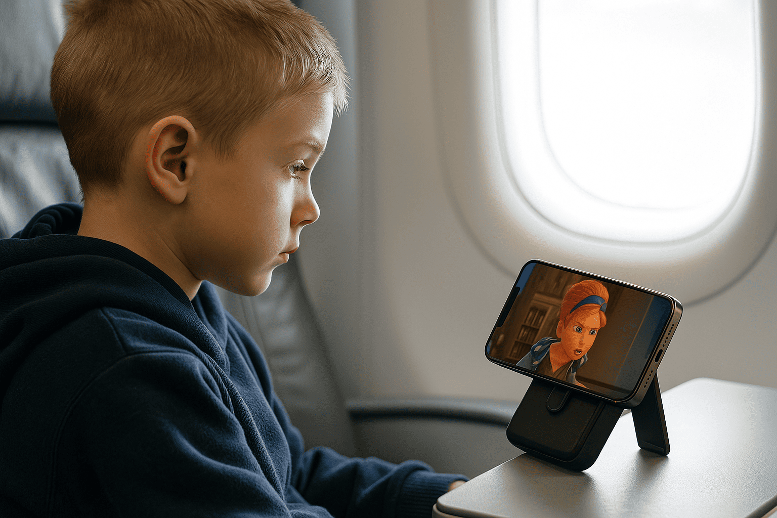 Garçon qui regarde une video sur un smartphone en avion